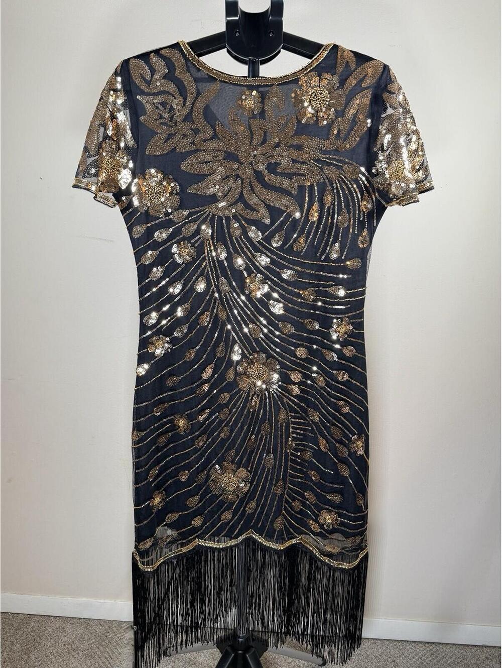 Yessa 1920's Flapper Dress Black Gold Sequin Floral Fringe Size XL - Picture 2 of 9